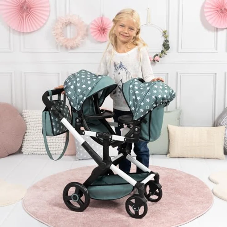 Bayer Puppenwagen, Zwillingspuppenwagen mit verstellbaren Sonnenverdecken, höhenverstellbarem Griff und schwenkbarem Sitz, blau – Bild 5