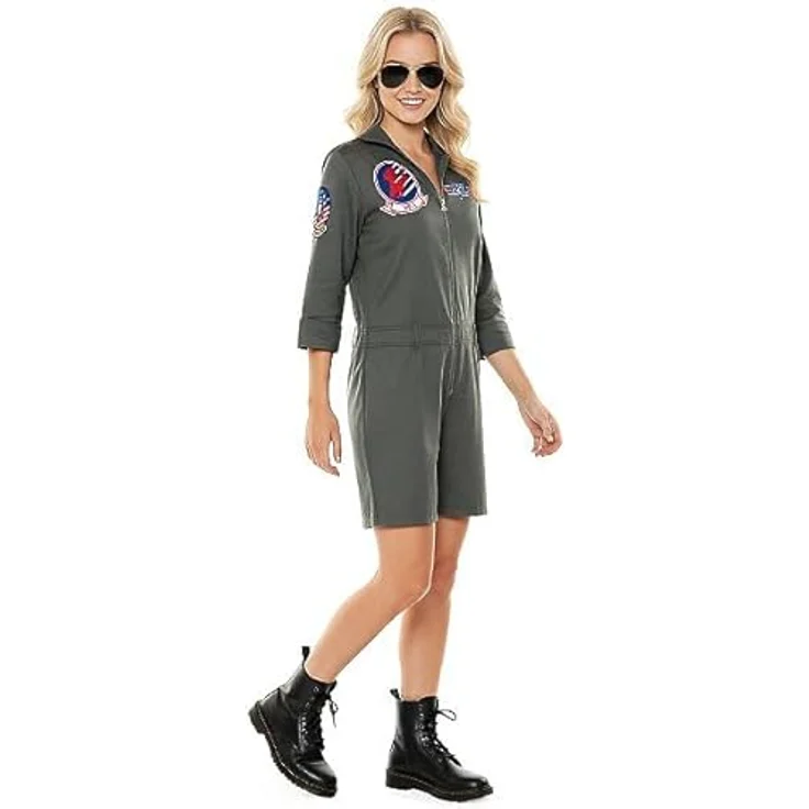 Maskworld Top Gun Kostüm für Damen, Olivgrüner Playsuit mit Patches, Größe XL – Lizenziertes Piloten-Outfit für Karneval & 80er Mottopartys – Bild 3