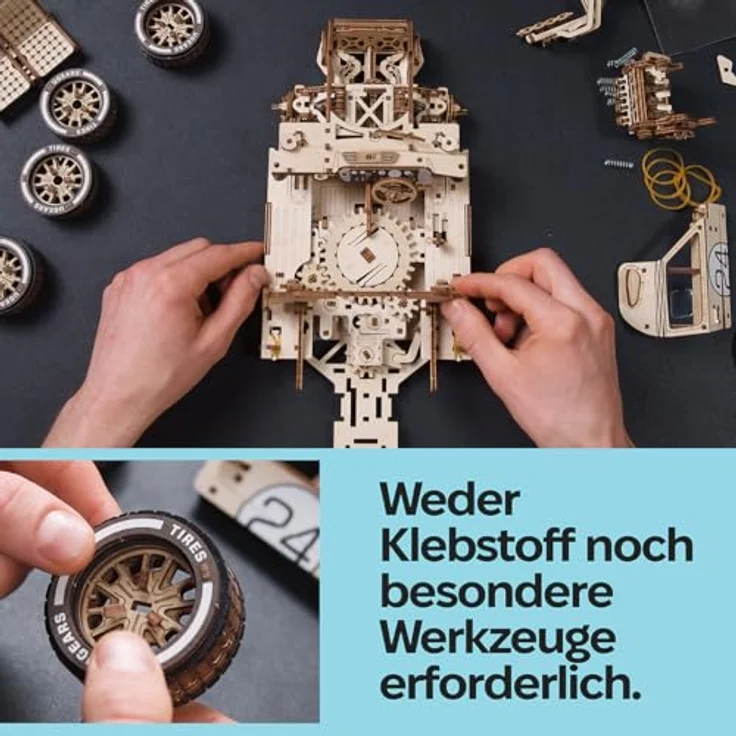UGEARS UGT-24 Ausdauer-Rennwagen 3D Puzzle, mechanischer Holzmodellbausatz im Maßstab 1:12 mit V8-Motor, 970 Teile, authentische Rennmerkmale, für Erwachsene – Bild 3