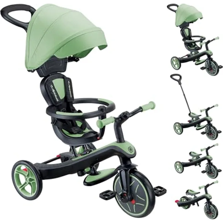 Globber Dreirad Explorer 4-in-1, skalierbares Dreirad und Laufrad für Kleinkinder von 10 Monaten bis 5 Jahren, Version 2, Salbeigrün mit 4 Funktionen, verstellbarem Sattel und optimaler Sicherheit.