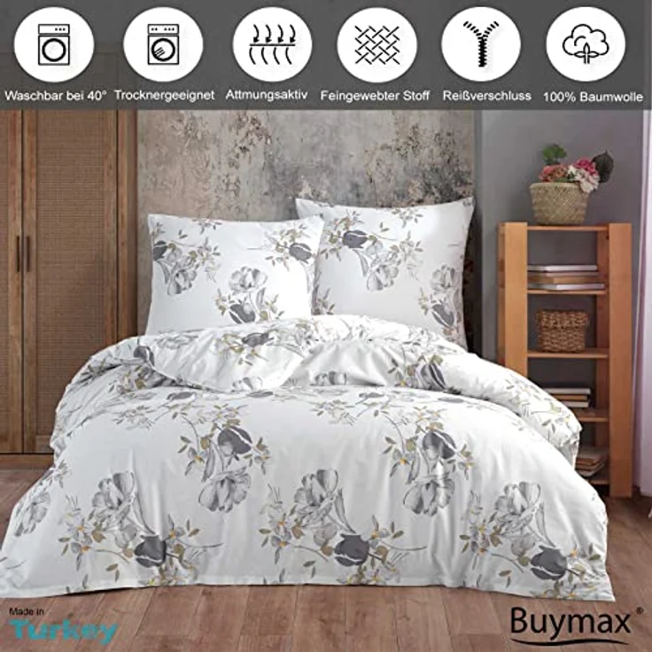 Buymax Bettwäsche 135x200 Baumwolle 2-Teilig Bettgarnitur mit Bettbezug und Kissenbezug 80x80 Renforce Bettwäsche-Set Geblümt Herbstliches Blumen-Muster, Grau Weiß – Bild 2