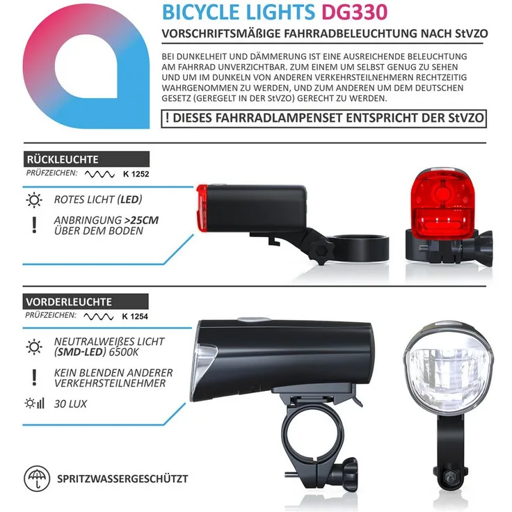 Aplic LED Fahrradbeleuchtung Set, StVZO zugelassen, 30 Lux, Front- und Rücklicht, spritzwassergeschützt, batteriebetrieben, geeignet für Lenkerdurchmesser 22-35mm