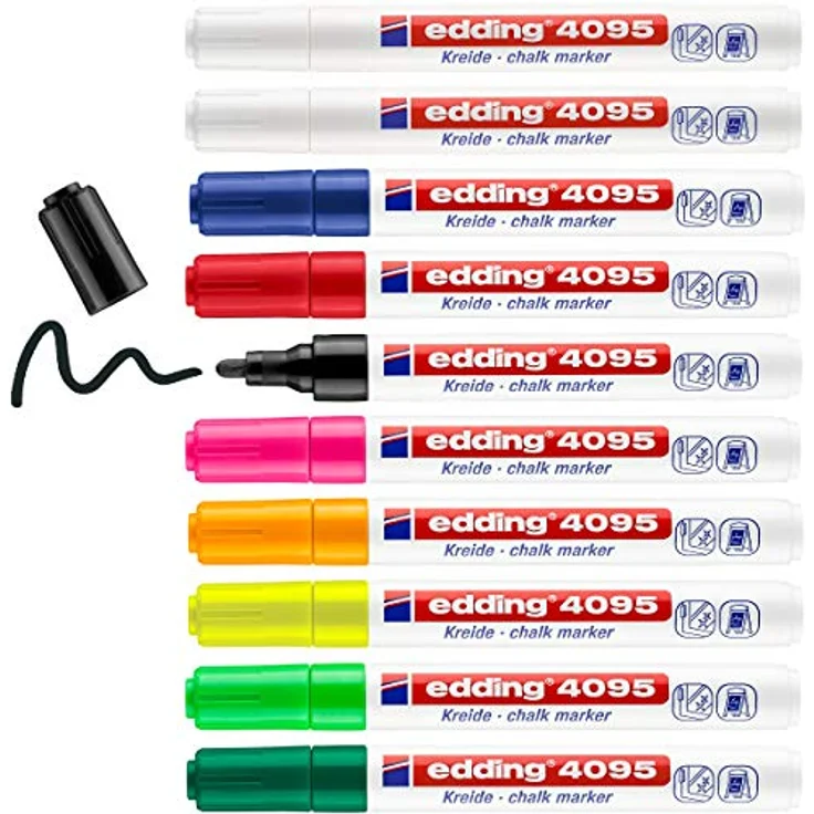 edding 4095 Kreidemarker - bunte Farben - 10 Kreidestifte - Rundspitze 2-3 mm - Kreidestift für Tafel abwischbar - zum Beschriften von Fenster, Glas, Spiegel - Tafelstift mit deckenden Farben – Bild 1