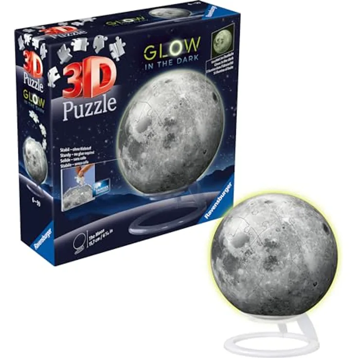Ravensburger 3D Puzzle 11586 - Puzzle-Ball "Der Mond" - leuchtet im Dunkeln - dekorativer Glow-in-the-Dark Puzzleball - Grau