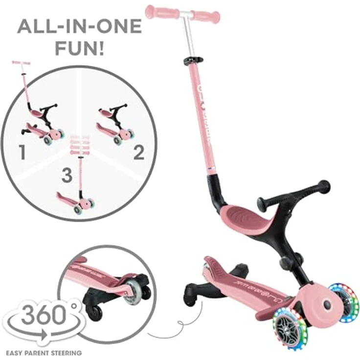 Globber Go Up Active 360 Grad Evolutionärer Roller mit Sitz, Beleuchtung & Lichtern für Kleinkinder ab 15 Monaten, Pastellrosa – Bild 5