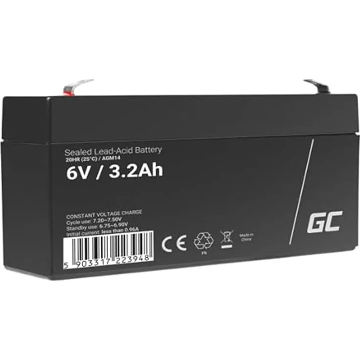 Green Cell® AGM Bleiakku Batterie (6V 3.2Ah VRLA Faston F1), wartungsfreier, zyklenfester Ersatzakku für Solar- und Photovoltaikanwendungen, schwarz