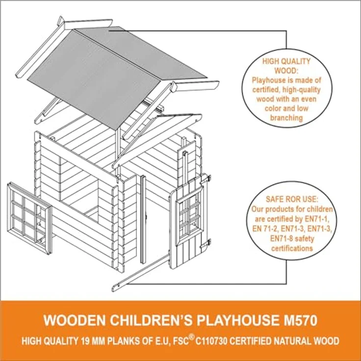 TIMBELA M570R-1 Kinderspielhaus, Holzspielhaus im Freien für Kinder, 111x113xH121 cm, rotes Dach, luftiges Garten-Sommerhaus – Bild 4