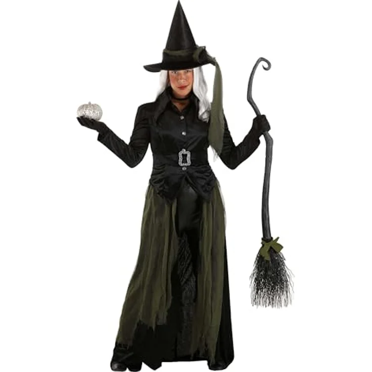 Metamorph Gothic Witch Kostüm (S), hochgeknöpfte Jacke mit Spitzkragen, mehrlagiger Überrock und zweiteiliger Hexenhut, schwarz – Bild 3