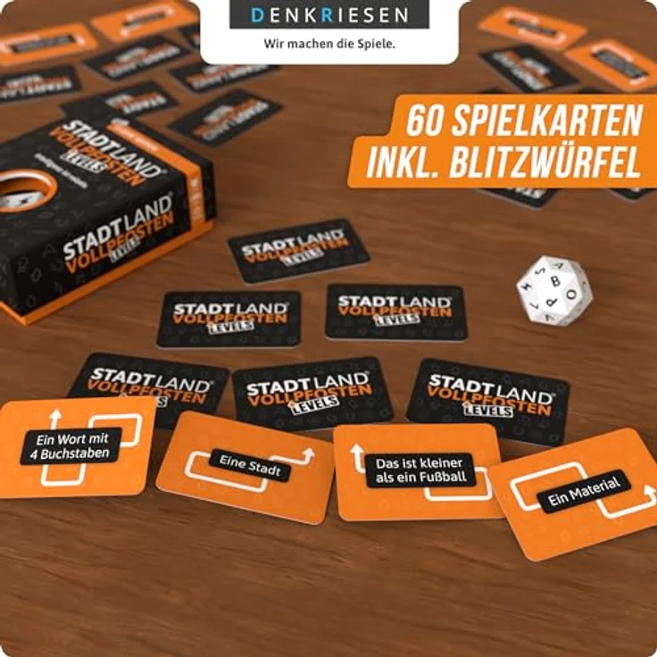 DENKRIESEN - Stadt Land Vollpfosten® Levels – Classic Edition - Inteligenz ist relativ | 60 Karten | Blitzwürfel | Ab 12 Jahren | 30-60min | 2-6 Spieler | Familie | Reisespiel | Stadt Land Fluss – Bild 3