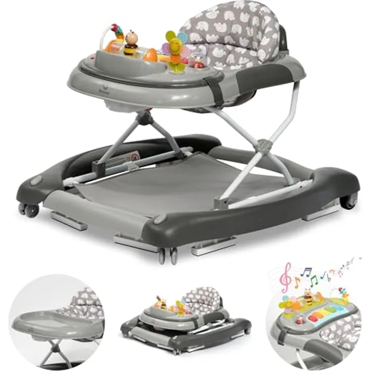 Bronea 4-in-1 Gehfrei Baby ab 6 Monate | Lauflernwagen mit Schaukelfunktion und Spielpaneel mit Musik | Höhenverstellbare und Klappbar | Lauflernhilfe mit leisen Rollen und Bremsen