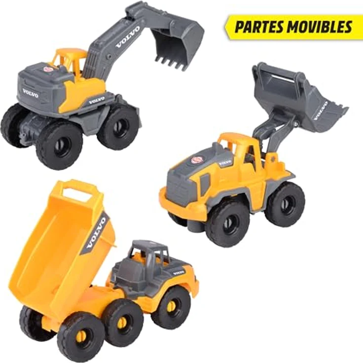 Dickie Toys Volvo Baustellenfahrzeuge (3 Stück) - Spielzeugautos für Kinder ab 3 Jahre, 16 cm, mit Freilauf und beweglichen Teilen, Gelb-Grau – Bild 2