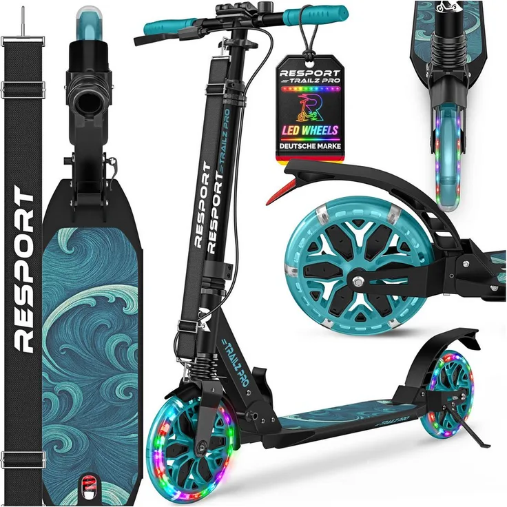 RE:SPORT Cityroller RE:SPORT® Trailz Pro, höhenverstellbar & klappbar, mit Handbremse, Doppelfederung, LED-Rollen, inkl. Tragegurt und Klingel, für Kinder & Erwachsene