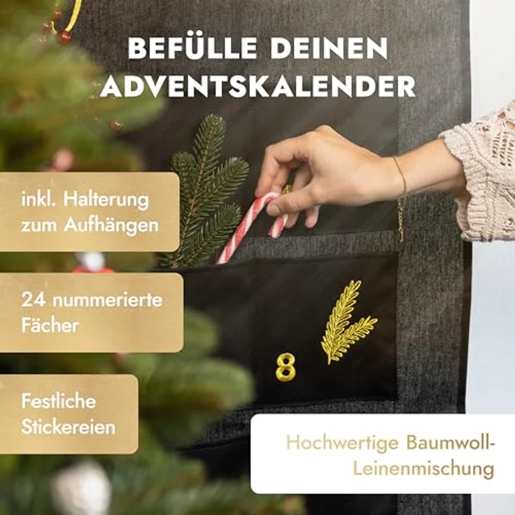 AMARI ® Adventskalender XXL Wandkalender (70 x 130 cm) mit 24 Fächern zum Befüllen, Stoff - Schwarz-Gold, inklusive E-Book für kreative Füllideen – Bild 3