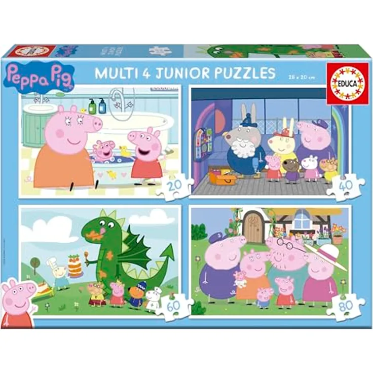 Educa Peppa Pig Set mit 4 progressiven Kinderpuzzles, 20 bis 80 Teile, umweltfreundlich aus recyceltem Karton, 28 x 20 cm, ab 4 Jahren