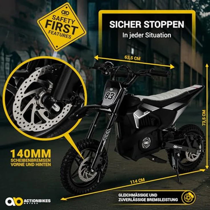 Actionbikes Motors Kinder Crossbike Raider, Elektro Kindermotorrad mit 24 V/250 W Motor, Scheibenbremsen und Geschwindigkeitsschalter, schwarz-weiß, ab 8 Jahren – Bild 4