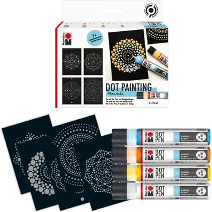 Marabu Dot Pen Set "Mandala", 4 x 25 ml punktfarbige Wasserbasis, matt & erhaben, in Hellblau, Orange, Gelb und Weiß für Dotting-Technik – Bild 2
