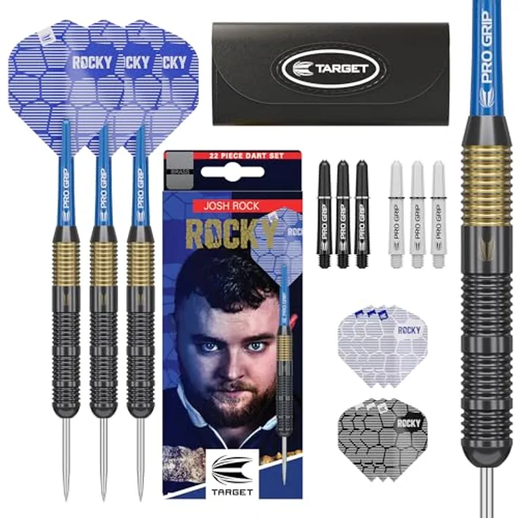 Target Darts Josh Rock Steeldarts 22G Brass Darts, mit festen Nickel Point Spitzen, schwarz PVD-beschichtete Barrel, Pro Grip Schäfte & Pro Ultra Flights, inkl. Dart Case