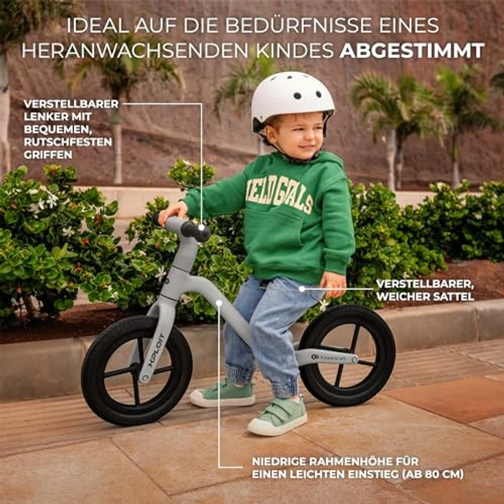 kk Kinderkraft XPLOIT Laufrad, Lernlaufrad mit verstellbarem Lenker und Sattel, 12 Zoll PU Räder, für Kinder ab 80 cm, grau – Bild 4