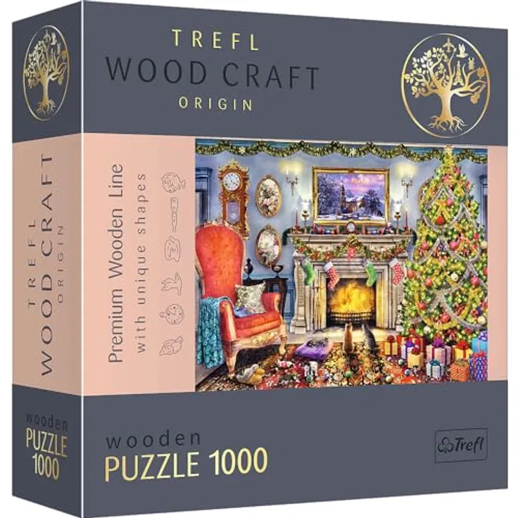 Trefl 20171 erwachsene1000 Elemente, Wood Craft, Holzhandwerk, unregelmäßige Formen, 100 Weihnachtsfiguren, Premium Modernes Puzzle, DIY, Spaß für Erwachsene und Kinder ab 12,holzpuzzle, Kamin