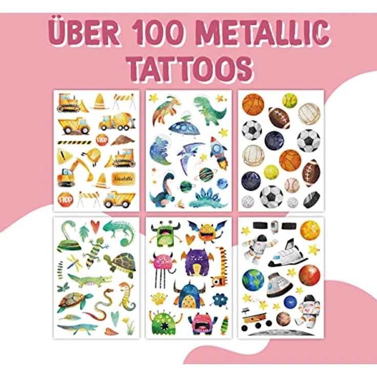 Papierdrachen 100 Metallic-Tattoos für Kinder, hautfreundliche Beach Vibes, 6 Bögen in Silber, hergestellt in Deutschland – Bild 2