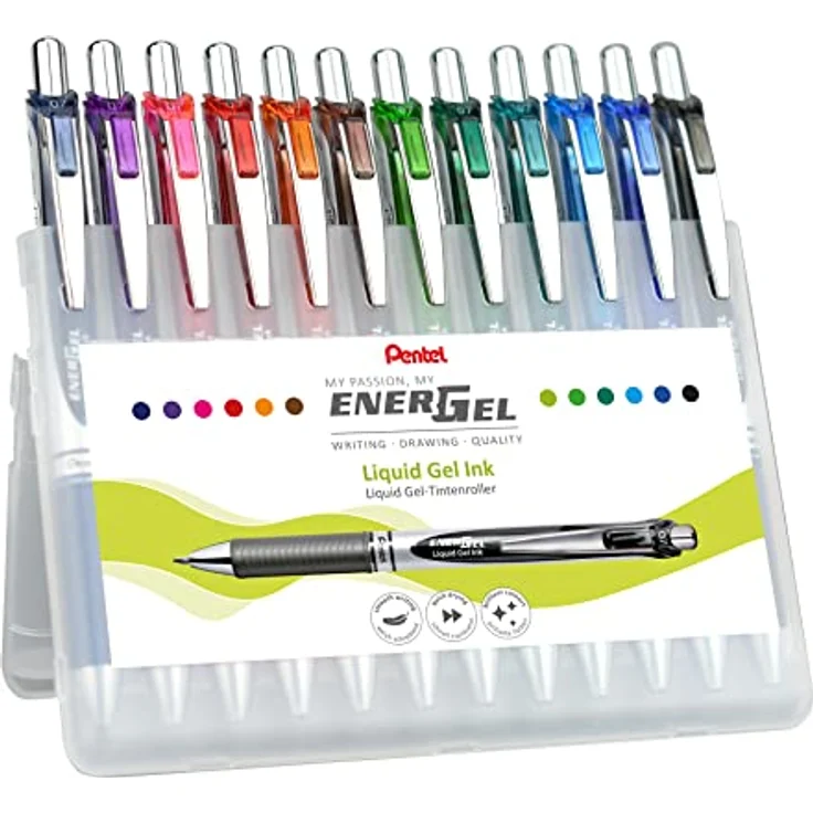 Pentel EnerGel Tintenroller Set, 12er-Etui mit 0,35 mm Metallspitze, Flüssiggelfüller – Bild 2