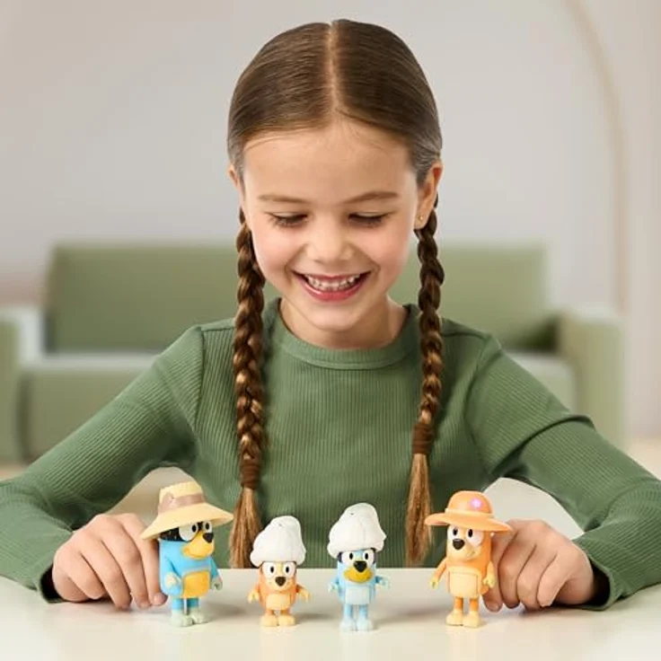 BlueY 4er-Figurenpackung Urlaub mit der Familie, bewegliche Figuren (6,3 cm) mit Zubehörteilen, Bingo, Bandit und Chilli – Bild 2