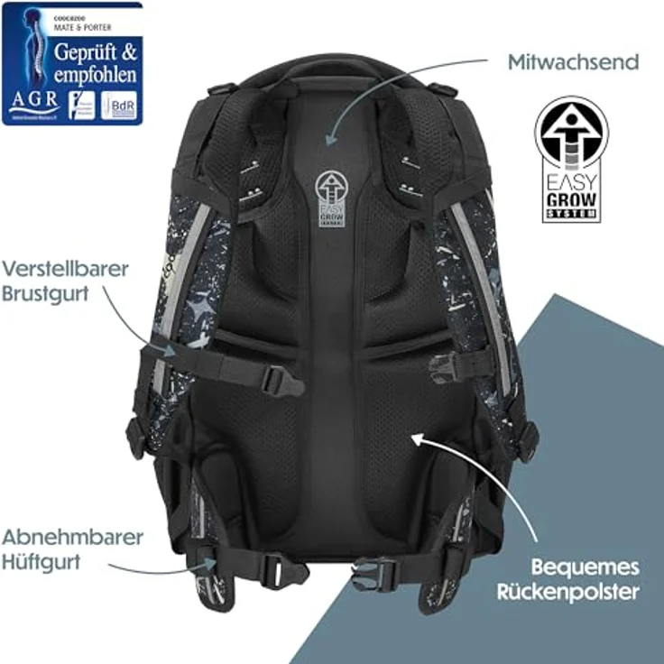 coocazoo Mate Special Edition, Schulrucksack mit Wasserabweisendem Polyester, höhenverstellbaren Schulterträgern und Air-Mesh-gepolstertem Rücken, schwarz – Bild 4