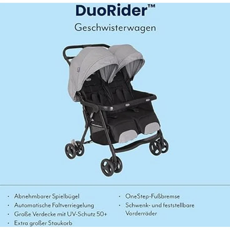 Graco Geschwisterwagen DuoRider - Steeple Gray, Zwillingswagen 12,1 kg mit Liegeposition und Regenschutz – Bild 3
