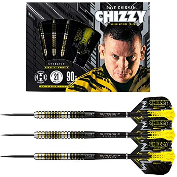 Harrows Dave Chizzy Chisnall 90% Tungsten Darts, Pro Player Steel Tip Darts-Set mit Supergrip-Carbonschäften und 100-Mikron-Chizzy-Flights, Gewichte: 21g bis 26g, elegantes Design – Bild 1
