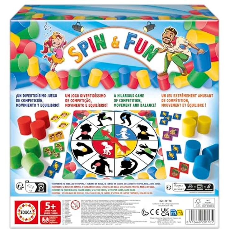 Educa Spin & Fun, Geschicklichkeitsspiel für 2-4 Spieler, ab 5 Jahren, mit Schaumstoffzylindern und Aktionskarten – Bild 2