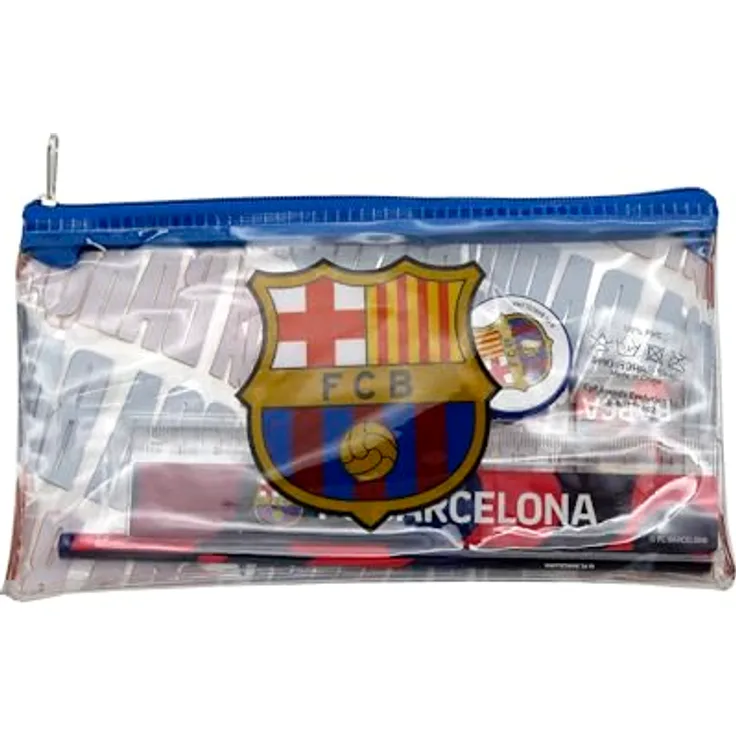 FC Barcelona Federmäppchen, Etui mit Schulmaterial inklusive Lineal, Radiergummi, Spitzer und Bleistift, blau-gelb
