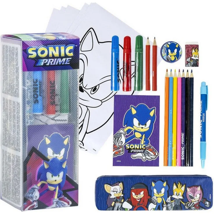 Sonic Kreativset Sonic the Hedgehog, Schreibwarenset mit 8 Buntstiften, 6 Filzstiften und 3D-Radiergummi