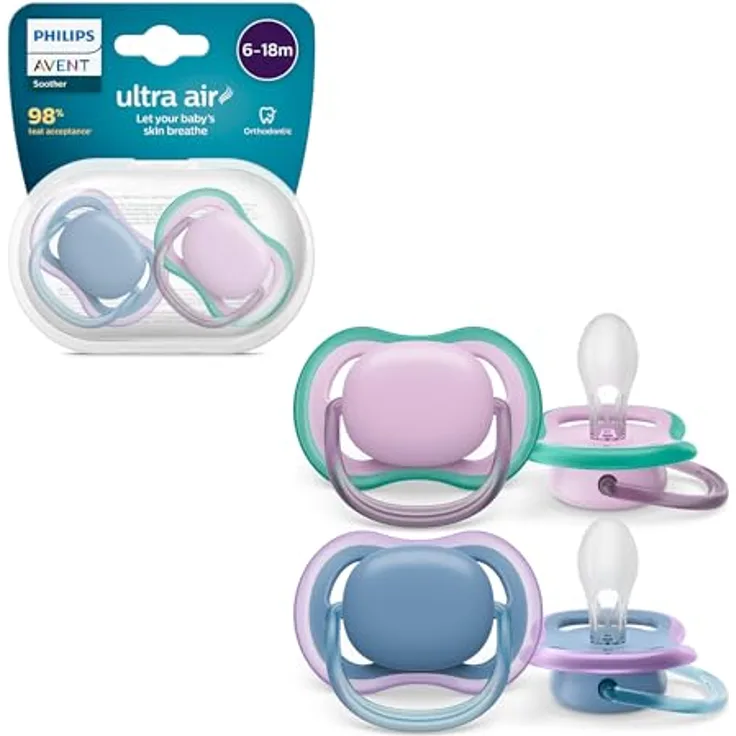 Philips AVENT ultra air Schnuller, leichte und atmungsaktive Schnuller für Babys (6–18 Monate), BPA-frei, 2er-Pack mit Transportbehälter als Sterilisator, Modell SCF085/34