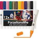 OfficeTree 12x Porzellanstifte Spülmaschinenfest - 12 Farben und 5 Schablonen - Glas und Porzellanstifte auf Wasserbasis - Glasmalstifte Spülmaschinenfest - Keramikstifte zum bemalen und verzieren