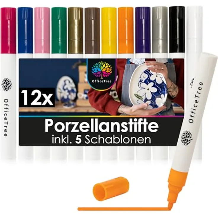 OfficeTree 12x Porzellanstifte Spülmaschinenfest - 12 Farben und 5 Schablonen - Glas und Porzellanstifte auf Wasserbasis - Glasmalstifte Spülmaschinenfest - Keramikstifte zum bemalen und verzieren