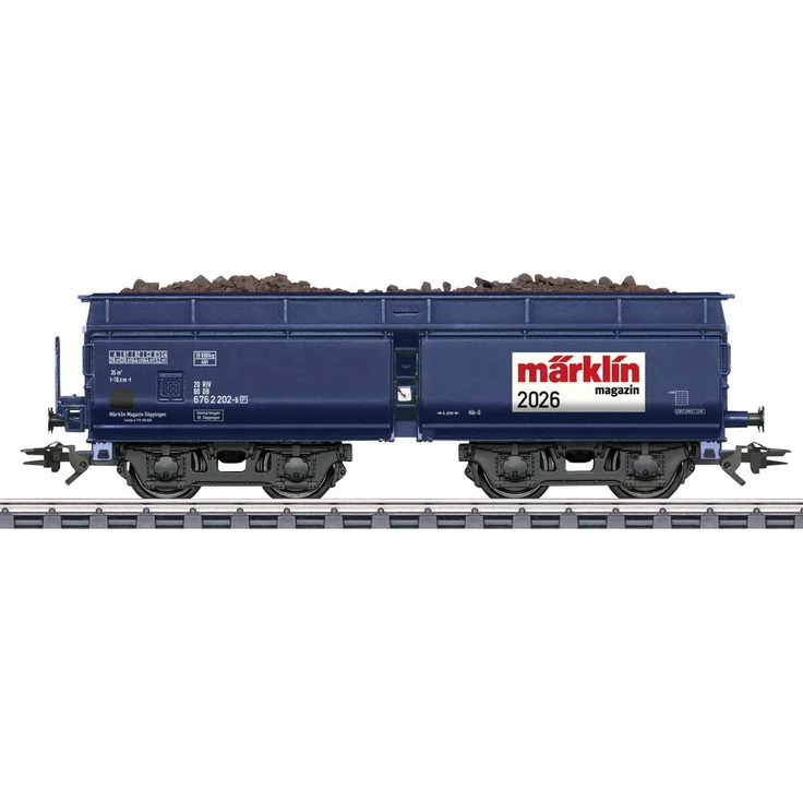 Märklin 048526 Güterwagen AC Magazin Jahreswagen 2026, 4-achsiger Selbstentladewagen Fad 165 mit Eisenerz-Ladegut, H0 Modell, 11,5 cm Länge