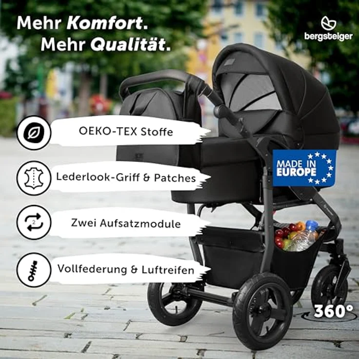 Bergsteiger Capri Kombikinderwagen 4-in-1, Babywanne, Sportsitz, i-Size Babyschale, Isofix-Station, höhenverstellbar, faltbar, Luftreifen, Zubehör – Bild 2