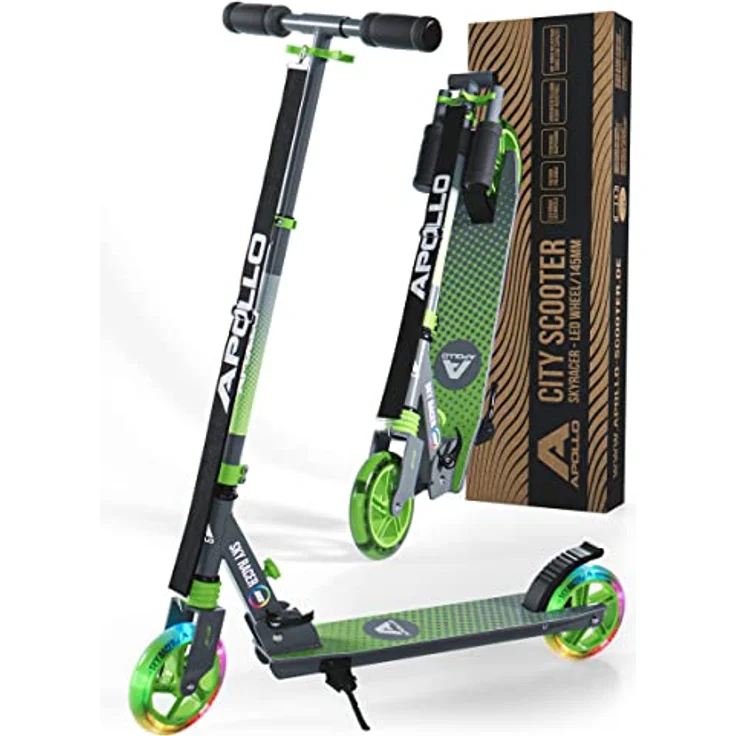 Apollo Skyracer City Roller mit LED Leuchträdern | Roller Kinder 6 Jahre | City Scooter mit Federung | Tretroller für Kinder und Teens | Kinder Roller klappbar und höhenverstellbar, grün – Bild 1