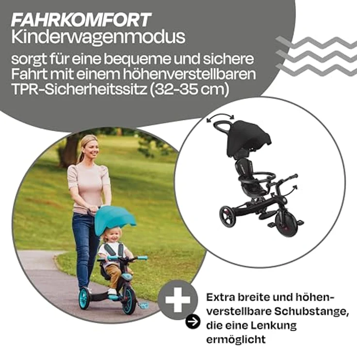 GLOBBER Explorer Trike 4in1 Pro, Kinderfahrzeug in Schwarz, Dreirad, Laufrad und Kinderwagen, 10/8,5 Zoll, höhenverstellbarer TPR-Sitz – Bild 4