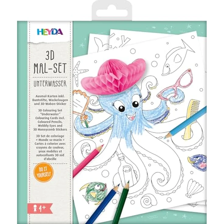 Heyda 3D-Mal-Set „Unterwasser“, 15-teiliges Set zum Ausmalen mit Buntstiften und 3D-Wabenkugel-Stickern, B/H: 195 mm × 210 mm, ab 4 Jahren – Bild 2