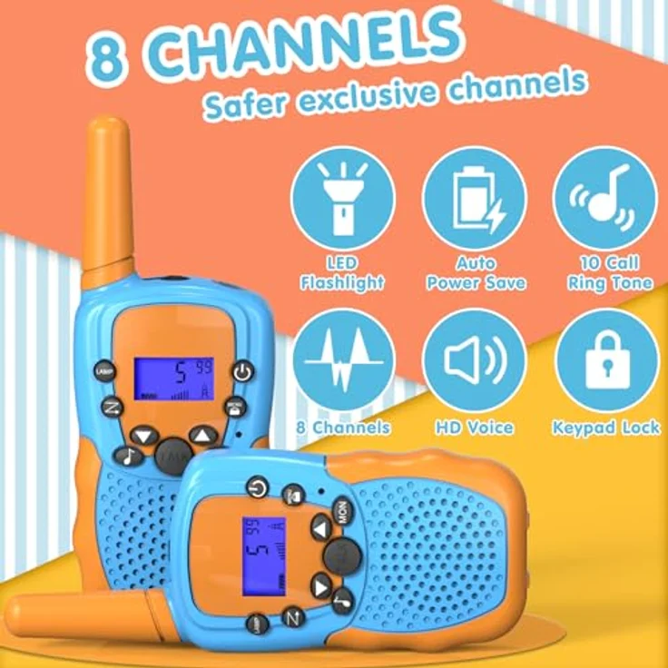 Kearui Walkie Talkie für Kinder, 8-Kanal Funkgerät mit LCD, LED-Taschenlampe, 3 Meilen Reichweite, blau-orange, für Abenteuer im Freien, Camping, Wandern – Bild 3