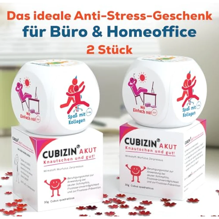 GLÜCKSGUT® Anti-Stress-Würfel Cubizin, 2er Pack mit 6 lustigen Motiven, inkl. Geschenkbox und Anleitung für Stressabbau im Büro – Bild 2