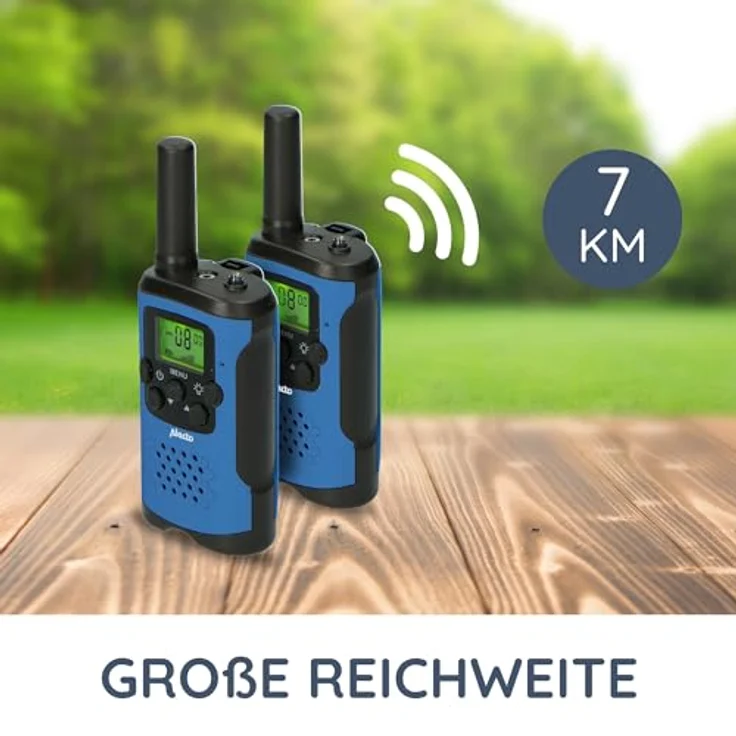 Alecto FR-115 Set von Zwei Walkie Talkies für Kinder - Walki Talki mit Reichweite bis zu 7 Kilometer - 8 Kanäle - Integrierte Taschenlampe - Beleuchtetes Display - Blau/Schwarz – Bild 4