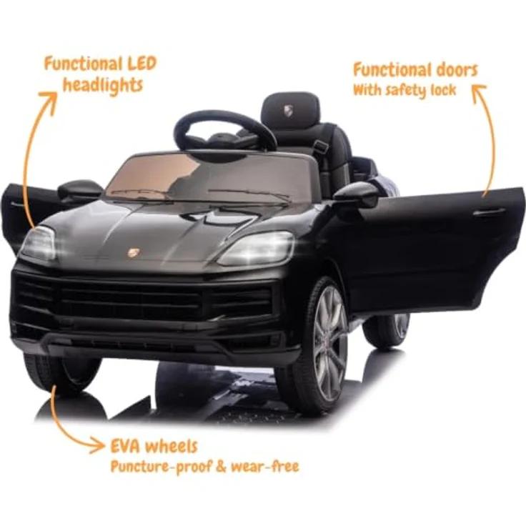 Vrooomy Porsche Cayenne Elektro-Kinderauto 12V, mit Fernbedienung, für Kinder 1-5 Jahre, schwarz, sanfte Beschleunigung, LED-Scheinwerfer, Sicherheitsgurt – Bild 3