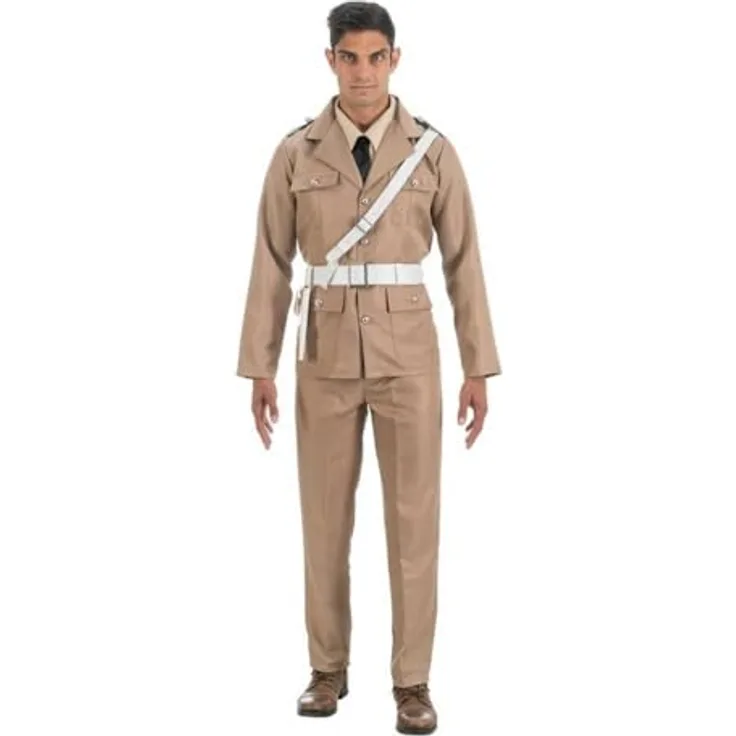 Chaks Kostüm Gendarme Saint-Tropez Herren, Jacke, falsches Hemd mit Krawatte, Hose mit Clips, Gürtel mit Holster, beige