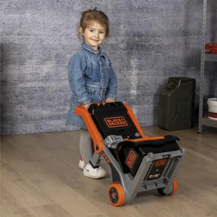 Smoby 3-in-1 Spielwerkbank Black+Decker, Made in Europe mit 19 Zubehörteilen, mobil als Trolley oder Schubkarre nutzbar – Bild 7