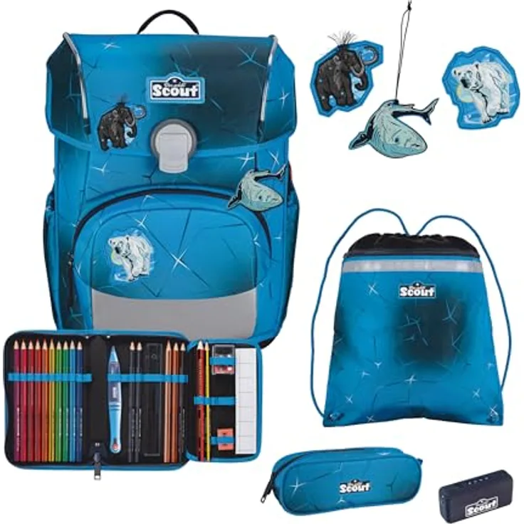 Der echte Scout sicherer Schulranzen, Neo Exklusiv Safety Light Polar Blue, 5er-Set, 21,5 l Volumen, 1.250 g Gewicht