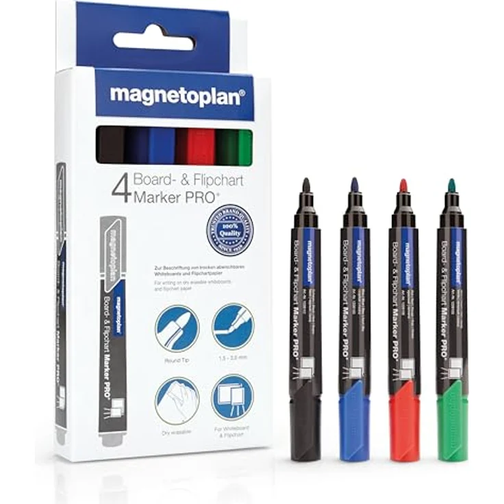 magnetoplan® Whiteboard Marker magnetoplan Pro+ 12281, Set mit Schwarz, Blau, Rot, Grün, Rundspitze 1,5-3 mm, geeignet für Whiteboards und Flipchart-Papier – Bild 1