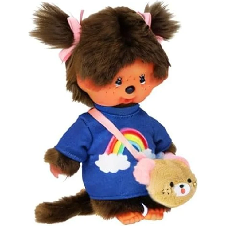 Monchhichi Plüschfigur Kawai Mädchen im Kleid mit Bärentasche 20 cm Monchhichi Puppe, braunes Fell, Kunststoffgesicht, empfohlen ab 24 Monaten – Bild 5