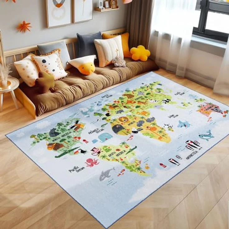 SIMPEX KinderTeppich Weltkarte mit Tierdesign, Blau, 160 x 230 cm, rutschfest und OEKO-TEX zertifiziert – Bild 1